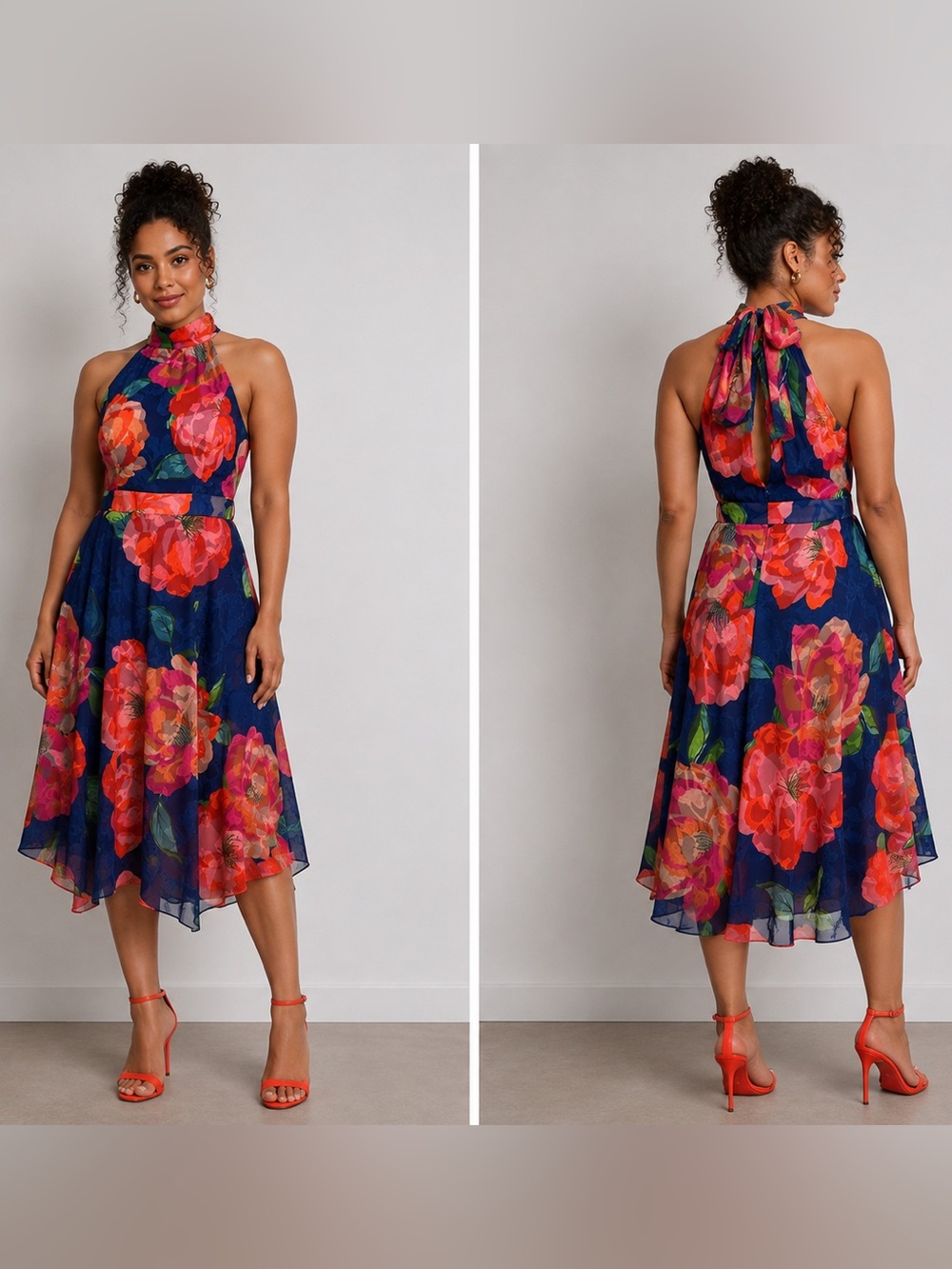 New Laundry Shelli Segal Dress Burnout Floral Bold Color High Neck Midi Halter
